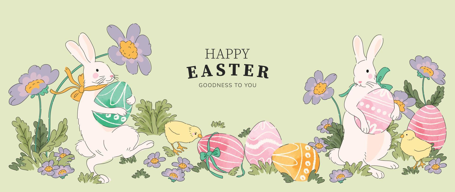 Lycklig påsk vattenfärg bakgrund vektor. hand dragen komisk vit kaniner med påsk ägg i trädgård, vår blommor och kyckling. förtjusande klotter design för dekorativ, kort, ungar, baner, affisch. vektor