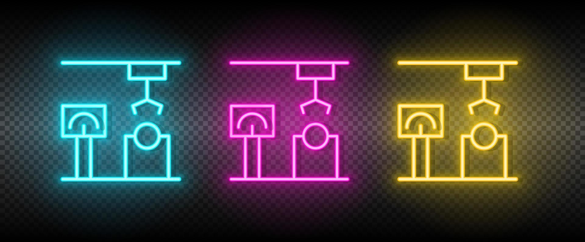 industriell ärm, läser in robot neon ikon uppsättning. teknologi vektor illustration neon blå, gul, röd ikon uppsättning