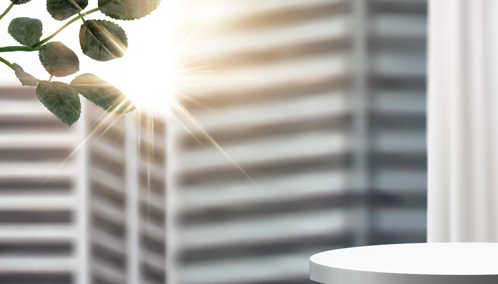 3d Illustration von ein Produkt Bühne und Pflanze Ast im Vorderseite von verschwommen Wolkenkratzer mit hell Sonnenschein vektor