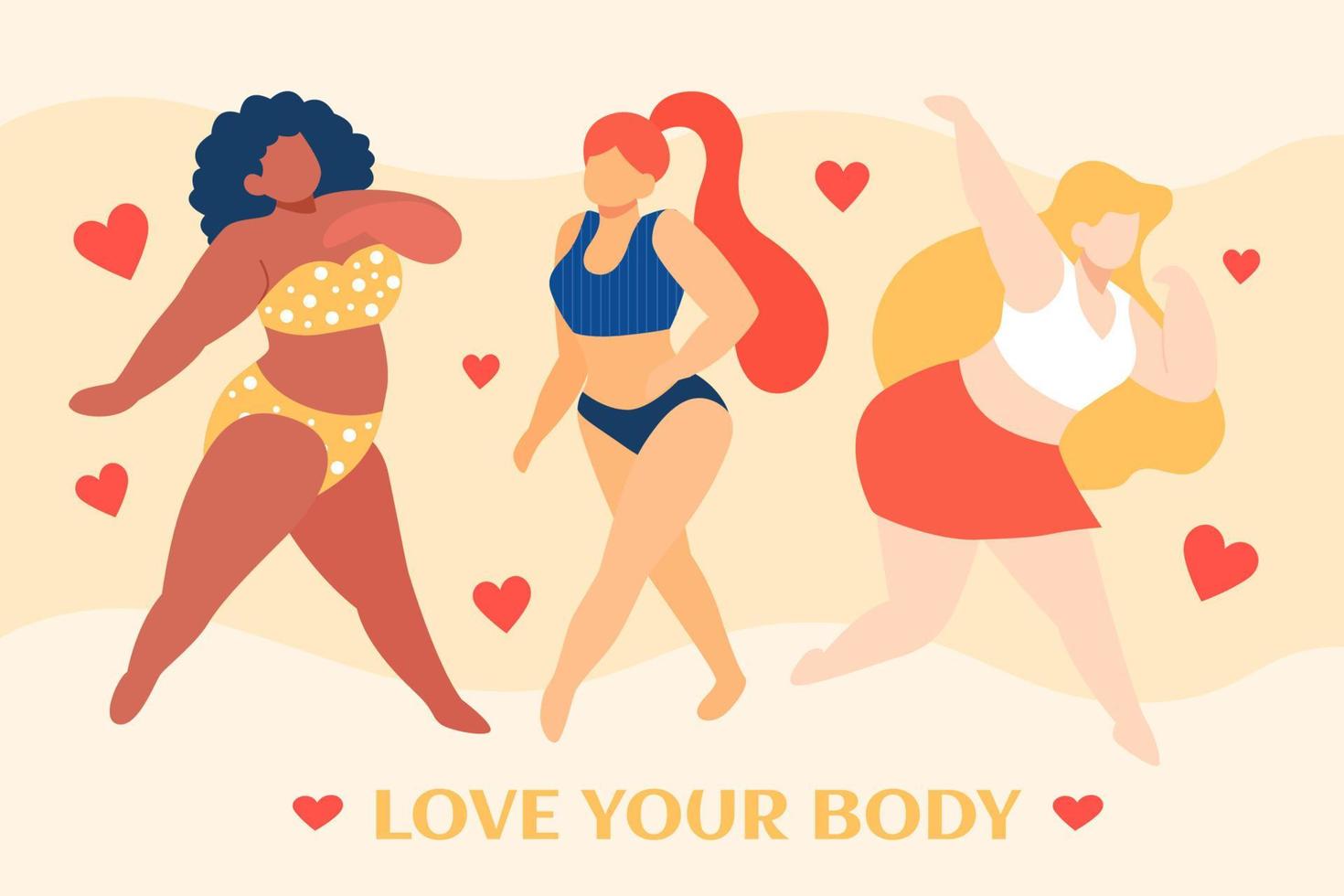 platt illustration av själv kärlek av plusstor kvinnor. grupp av kvinna bär underkläder, behå och bikini med hjärta, de begrepp av kropp positivitet vektor