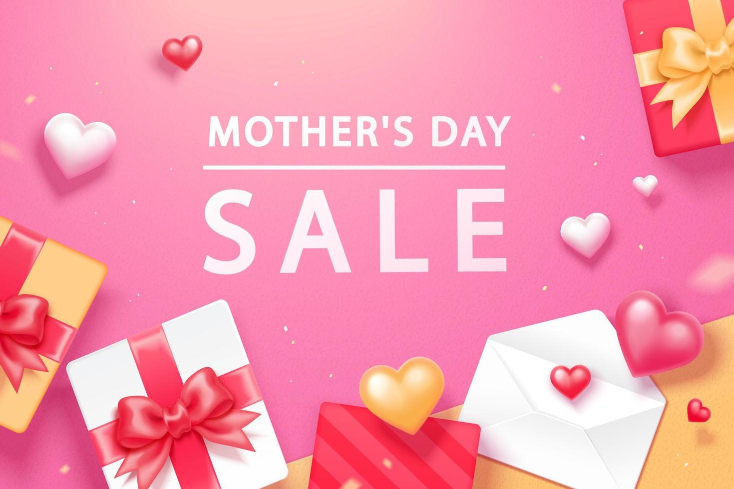 Senden Liebe zu Mütter mit Geschenk Kisten und Karte wie Feier zum das Urlaub. entworfen auf Rosa Farbe Hintergrund oben Aussicht vektor