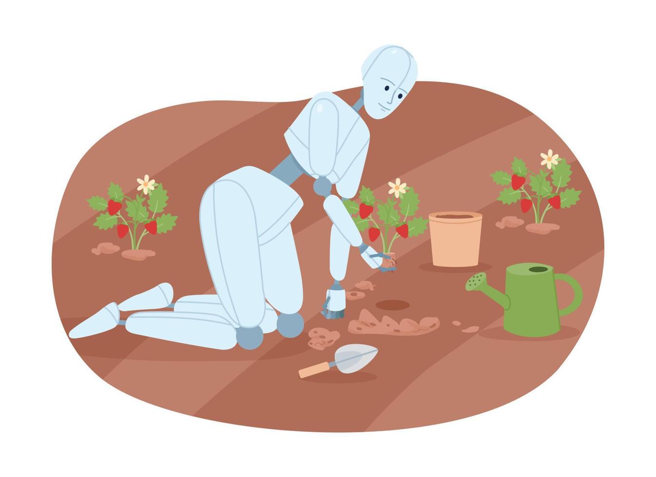 ai im Gartenarbeit eben Konzept Vektor Stelle Illustration. editierbar 2d Karikatur Charakter auf Weiß zum Netz Design. mit Humanoid Roboter Kompetenzen im Gartenbau kreativ Idee zum Webseite, Handy, Mobiltelefon App