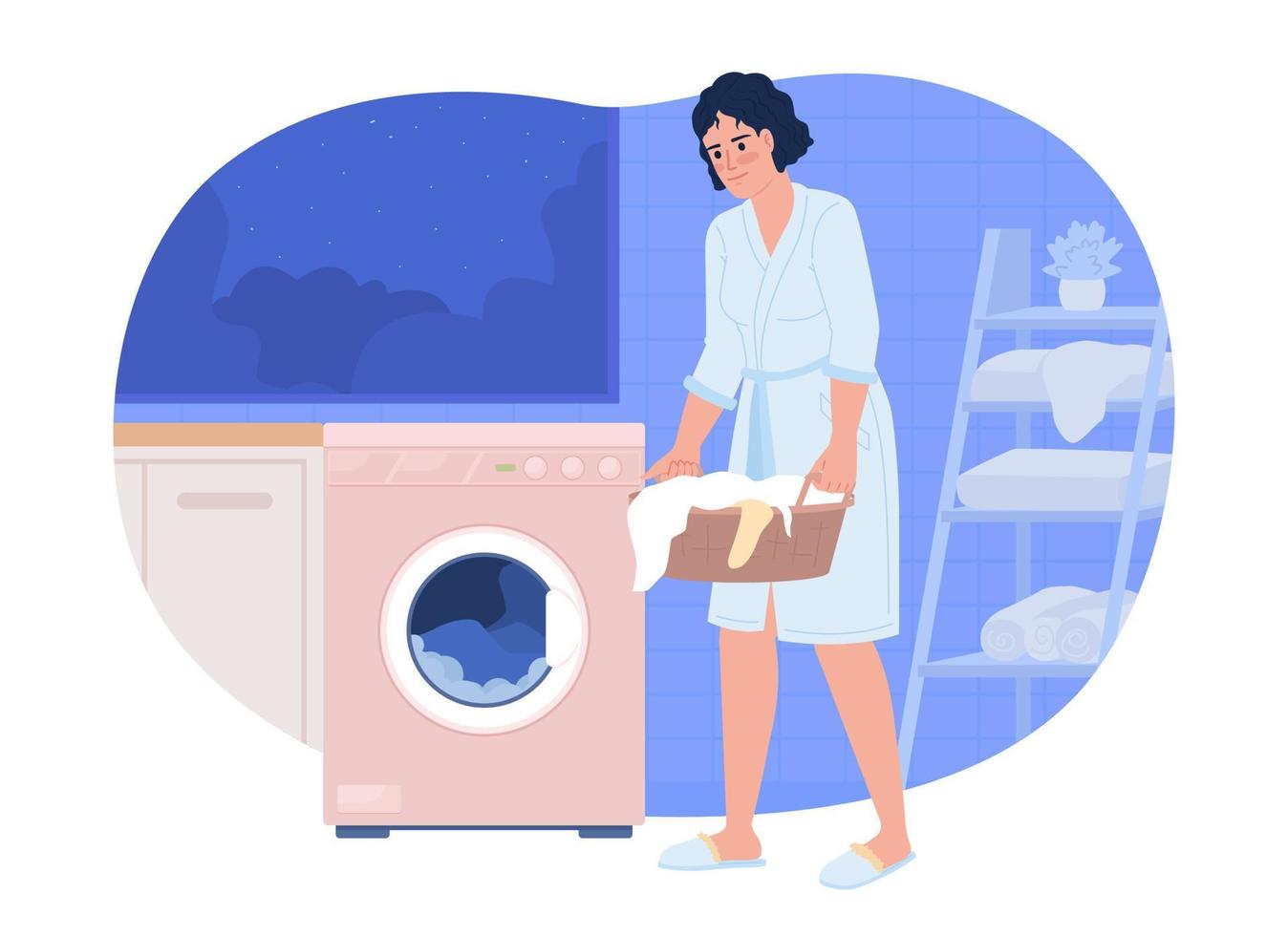 tvättning kläder på natt 2d vektor isolerat fläck illustration. kvinna med tvätt nära bricka maskin platt karaktär på tecknad serie bakgrund. färgrik redigerbar scen för mobil, hemsida, tidskrift