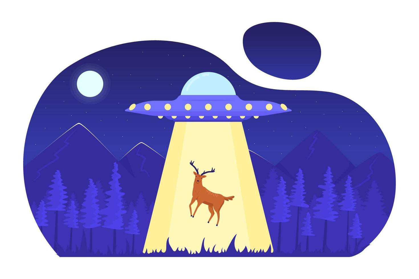 UFO bortförande rådjur i natt skog platt begrepp vektor illustration