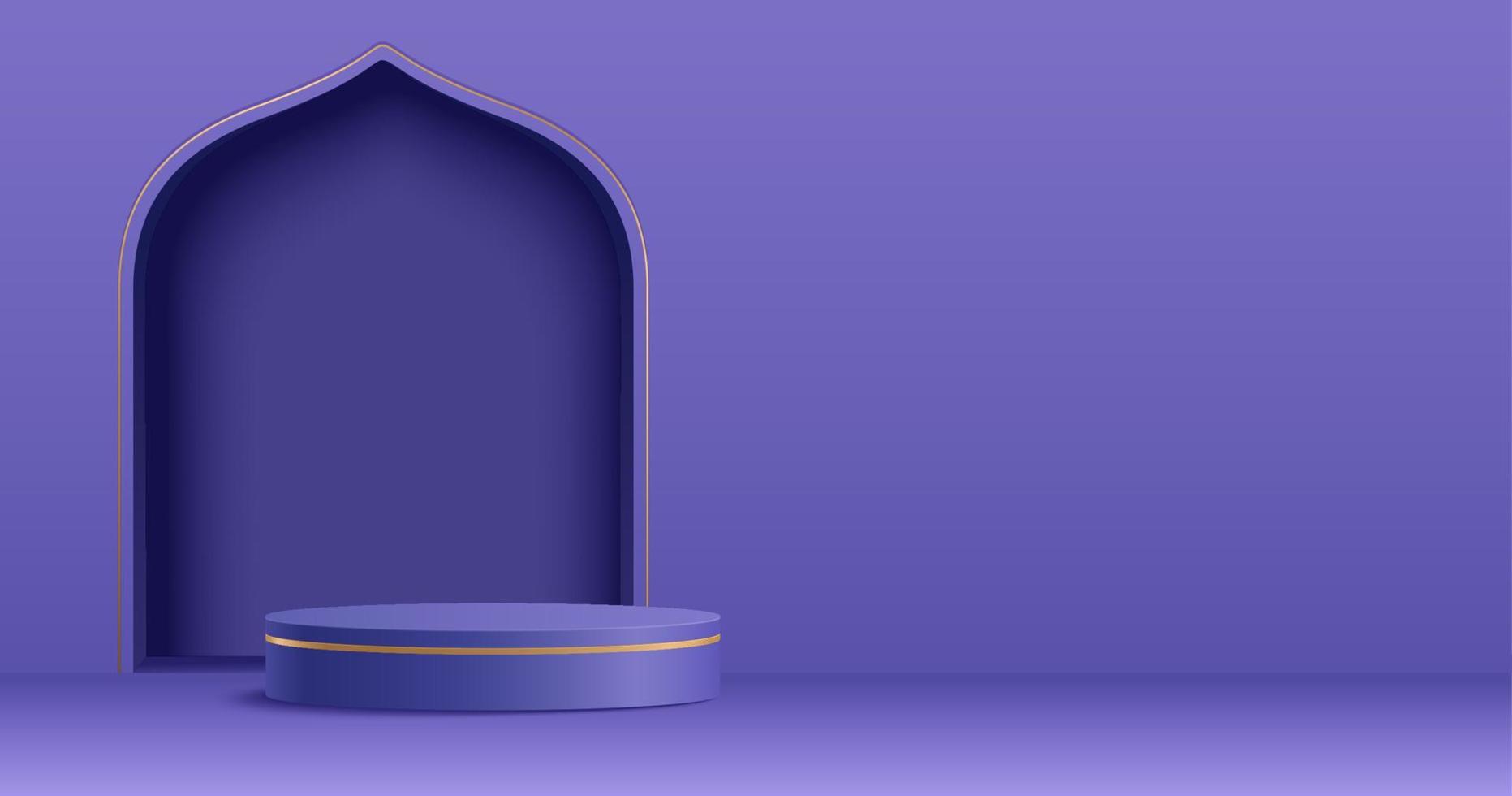 islam tema produkt visa bakgrund i 3d minimal lila design. moské portal ram med podium och tom Plats. vektor