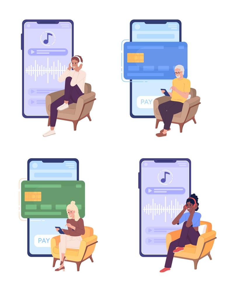 mit Handy, Mobiltelefon Apps im Täglich Leben eben Konzept Vektor Stelle Illustration Satz. editierbar 2d Karikatur Zeichen auf Weiß zum Netz Design. Musik- und Bankwesen kreativ Ideen einstellen zum Webseite, Handy, Mobiltelefon, Zeitschrift