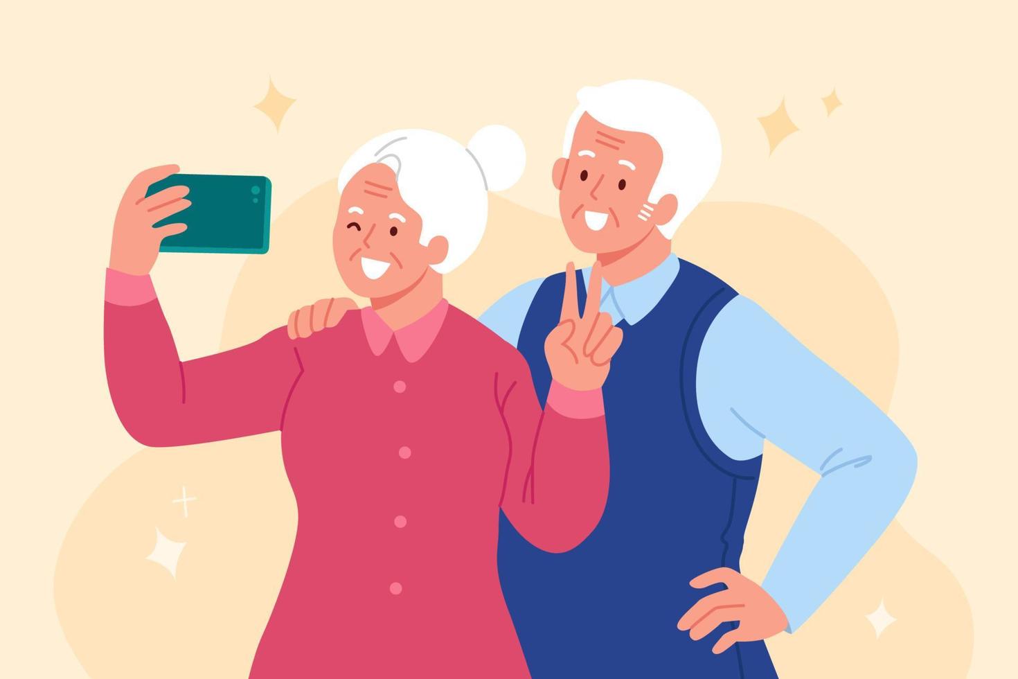 äldre tar selfie med henne make. platt illustration av de äldre kvinna använder sig av en smartphone till ta självporträtt vektor