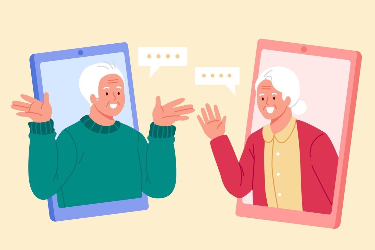 äldre chattar på en video ringa upp. platt stil illustration av äldre make talande uppkopplad via telefon vektor