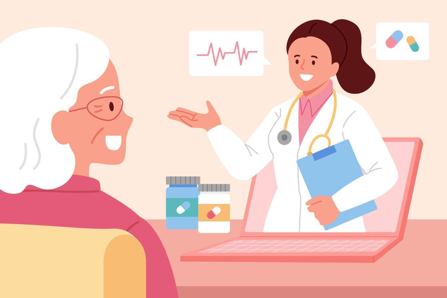 äldre med telemedicin Stöd. platt illustration av kvinna läkare hört en äldre kvinna handla om läkemedel använda sig av och hälsa kolla upp via uppkopplad video ring upp vektor
