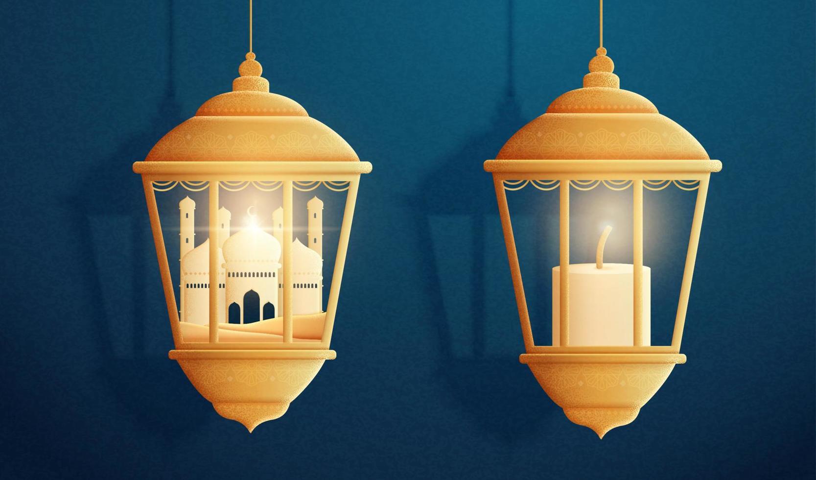 3d illustration av moské och brinnande ljus i traditionell arabicum lyktor. islamic Semester element isolerat på blå bakgrund. vektor