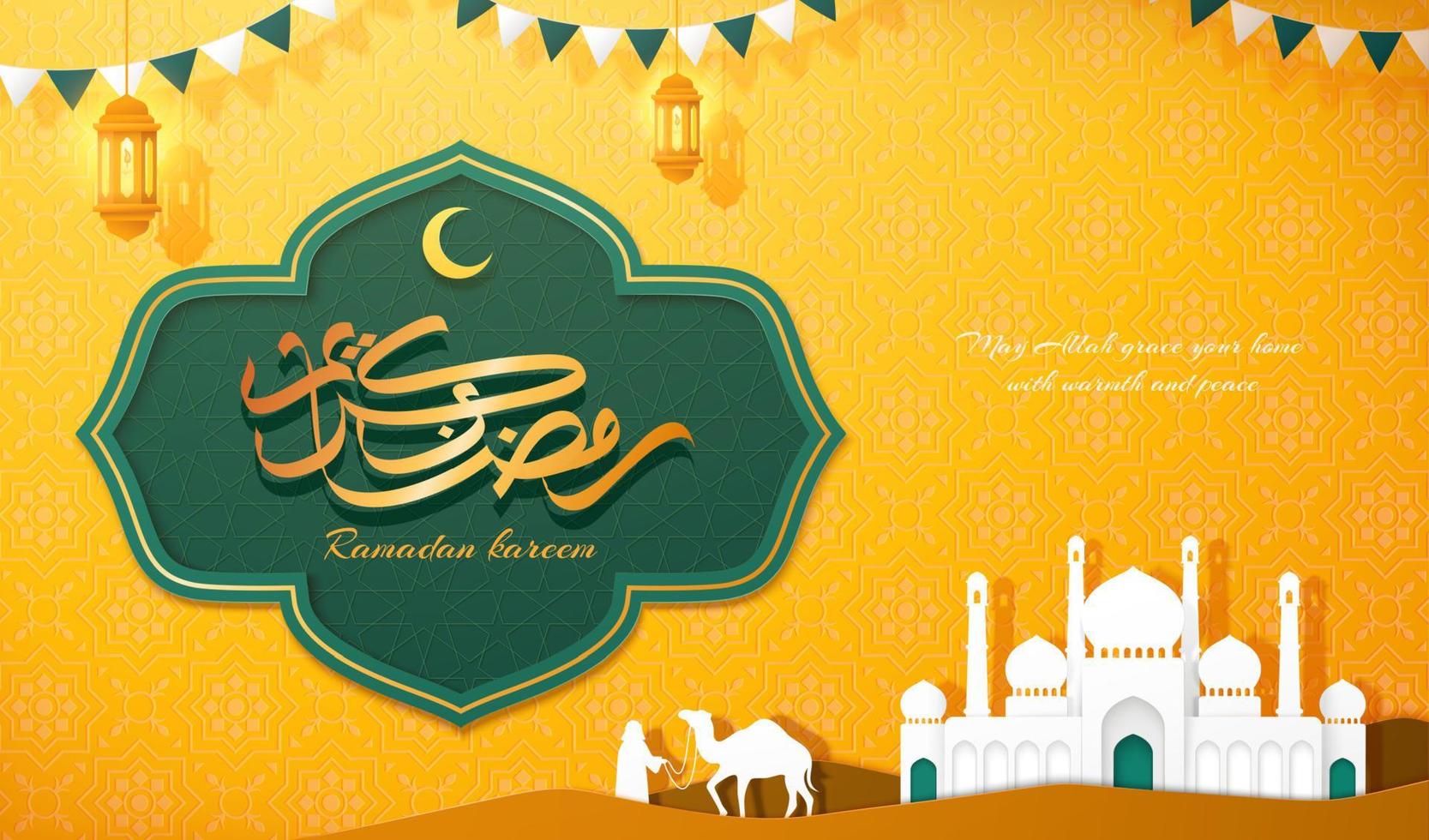 Papierschnitt Stil Banner Design von Wüste Landschaft mit Moschee und Kamel, Arabisch Kalligraphie Text Ramadan kareem zum islamisch Urlaub, Grün und Gelb Ton vektor