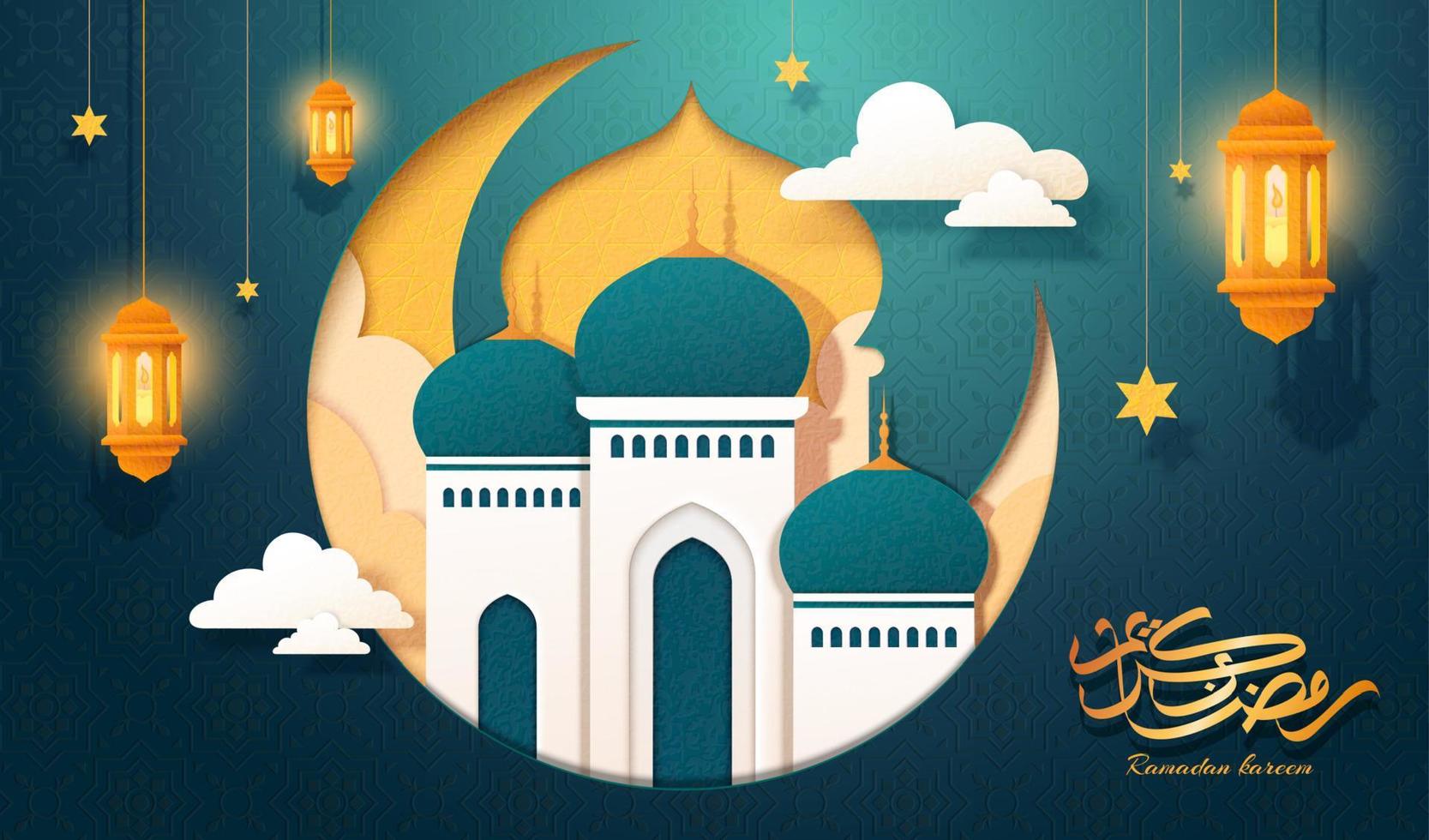 Papierschnitt Stil Moschee und Halbmond Mond Gruß Karte mit hängend Laternen, Arabisch Kalligraphie Text Ramadan kareem zum islamisch Urlaub vektor