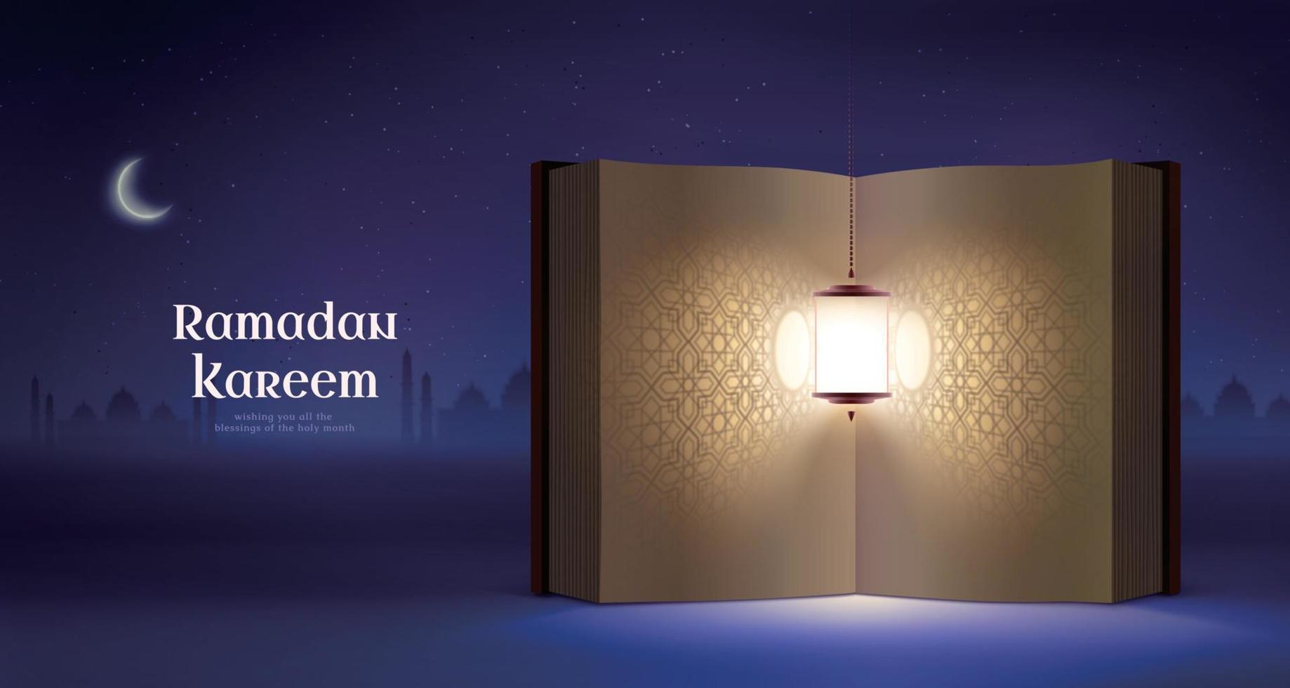 de helig bok av quran öppnad till de sida av arabesk mönster med en glänsande fanous lykta hängande från ovan. illustration på lila starry natt bakgrund vektor