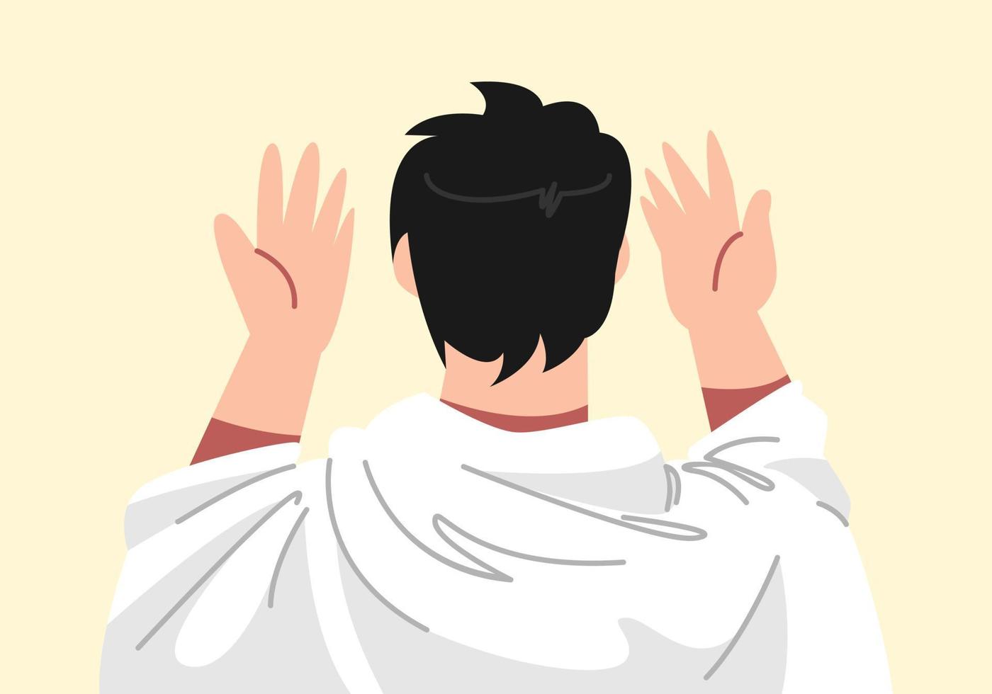 Muslim Mann tragen ihram Kleider ist beten Hände. zurück Sicht. Hadsch, umra, Anbetung Konzept. eben Vektor Illustration.