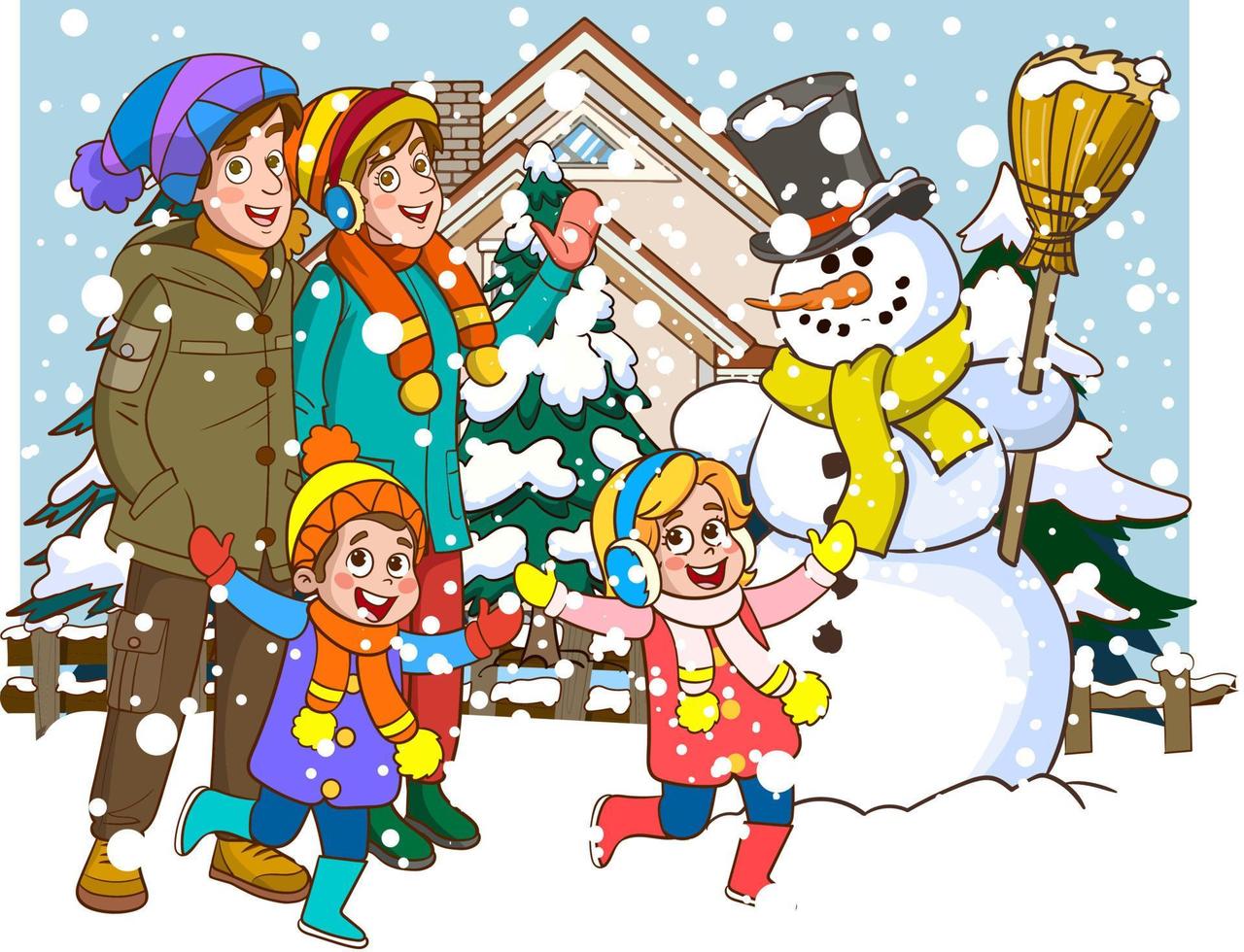 Eltern mit Kinder Stehen zusammen im schneebedeckt Winter draußen. glücklich Familie bereit zum Winter Jahreszeit draußen Aktivität Vektor eben Design Illustration