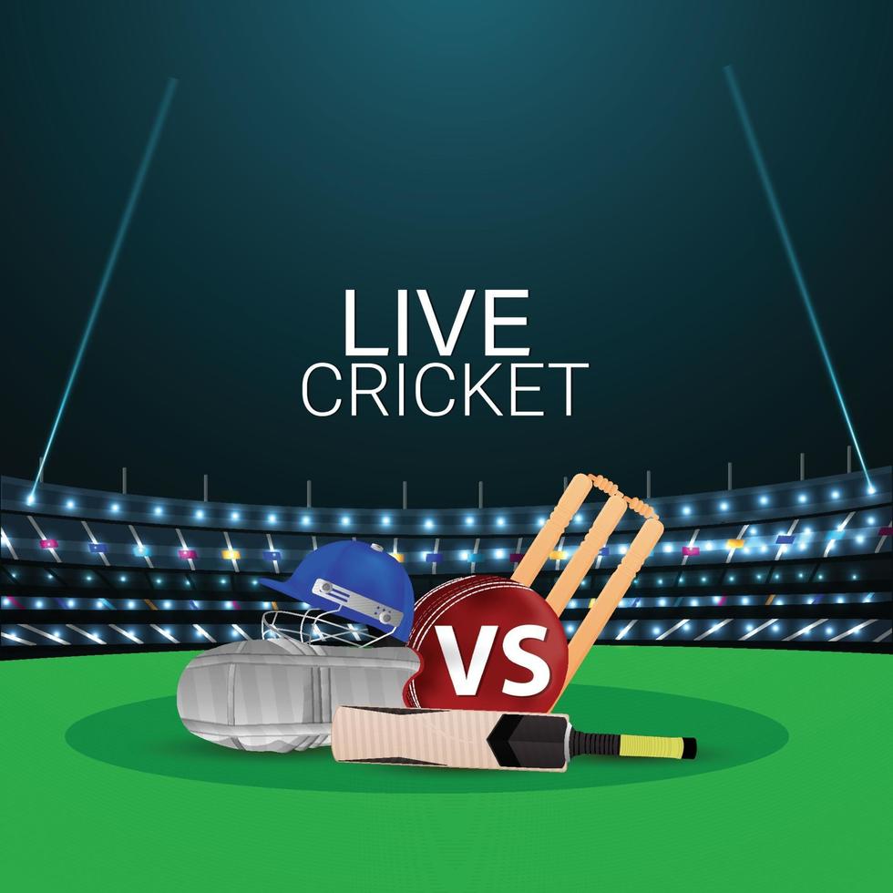 Live-Cricket-Meisterschaft mit Cricket-Ausrüstung und Stadionhintergrund vektor