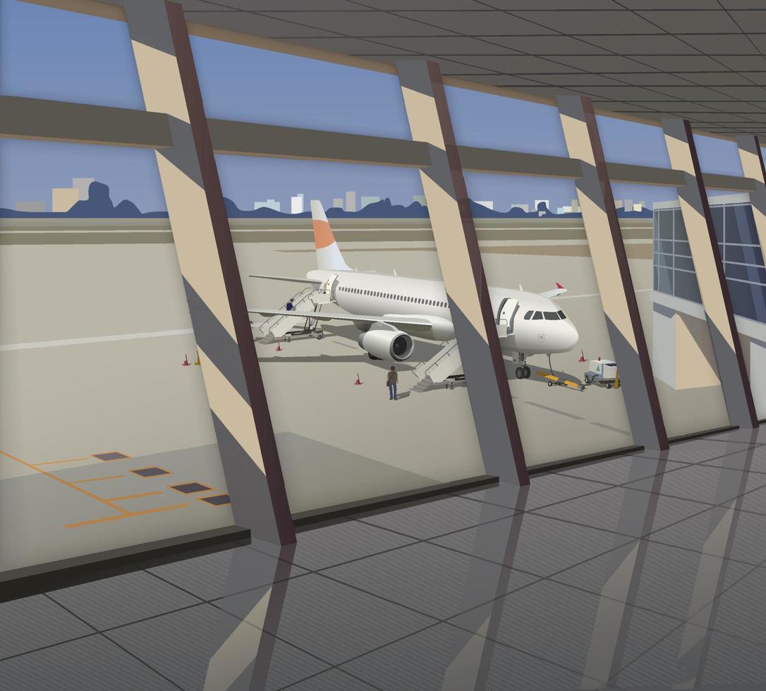 Flughafen Terminal, Aussicht von das Flugzeuge und das Runway. Vektor. vektor