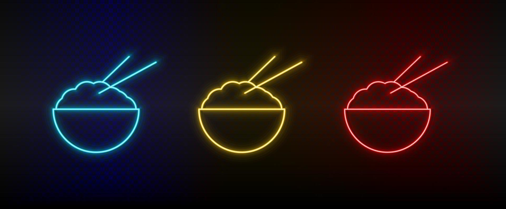 Neon- Symbol einstellen gekocht Reis. einstellen von Rot, Blau, Gelb Neon- Vektor Symbol auf dunkel Hintergrund