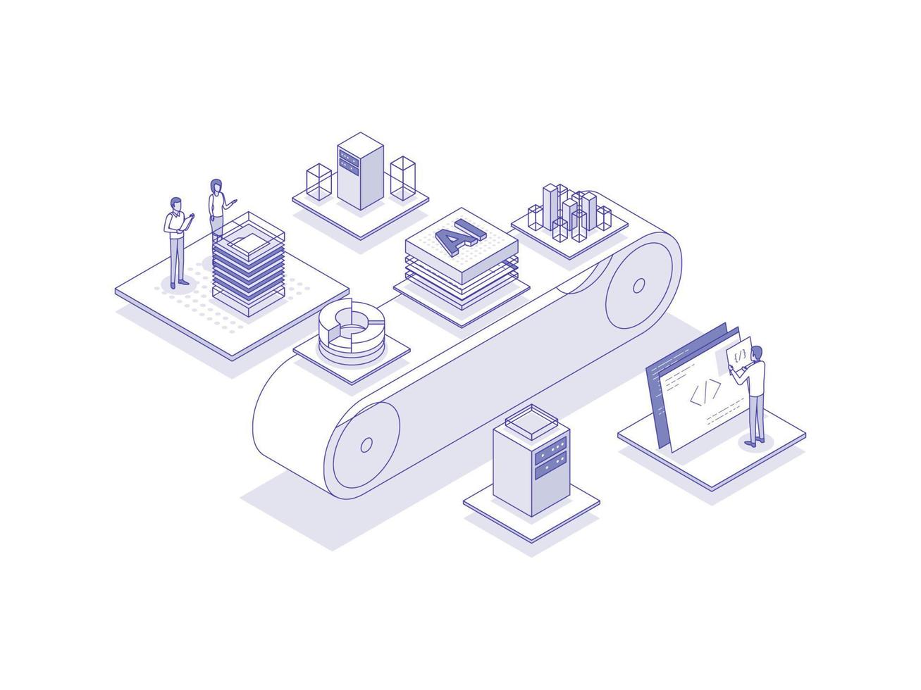 data bearbetning isometrisk illustration linjär Färg. lämplig för mobil app, hemsida, baner, diagram, presentation, och Övrig grafisk tillgångar. vektor