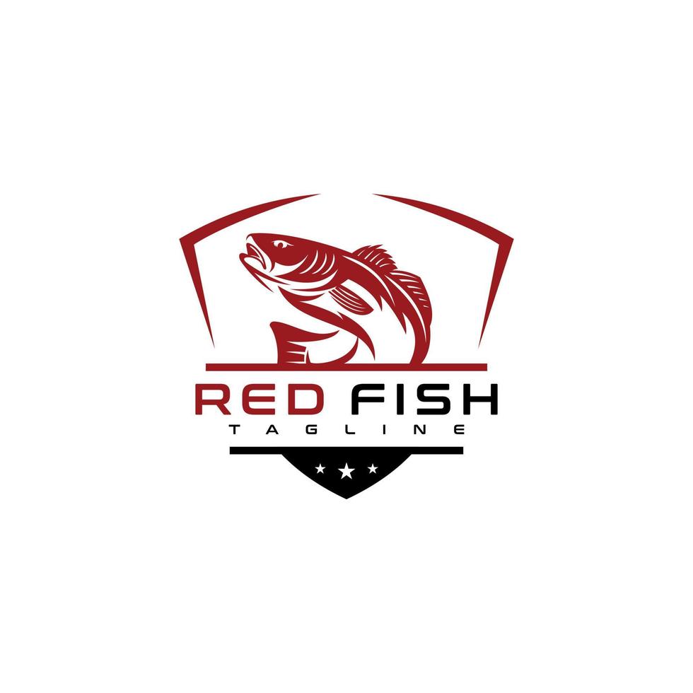 roter Fisch Logo Design. genial roter Fisch Logo. roter Fisch mit Schild Logotyp. vektor