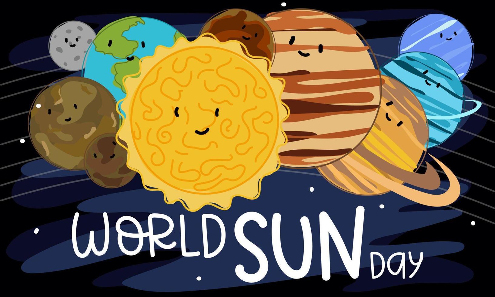 Banner mit Welt Sonne Tag einfach Design zum Hintergrund oder Gruß Karte. ein Inschrift auf das Hintergrund von ein gemalt Sonne im Raum, und hinter es alle das Planeten mit Gesichter. Vektor Illustration