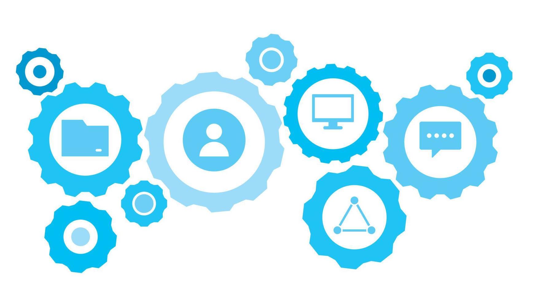 in Verbindung gebracht Getriebe und Vektor Symbole zum Logistik, Service, Versand, Verteilung, Transport, Markt, kommunizieren Konzepte. Plaudern, Plaudern Blase Ausrüstung Blau Symbol einstellen auf Weiß Hintergrund