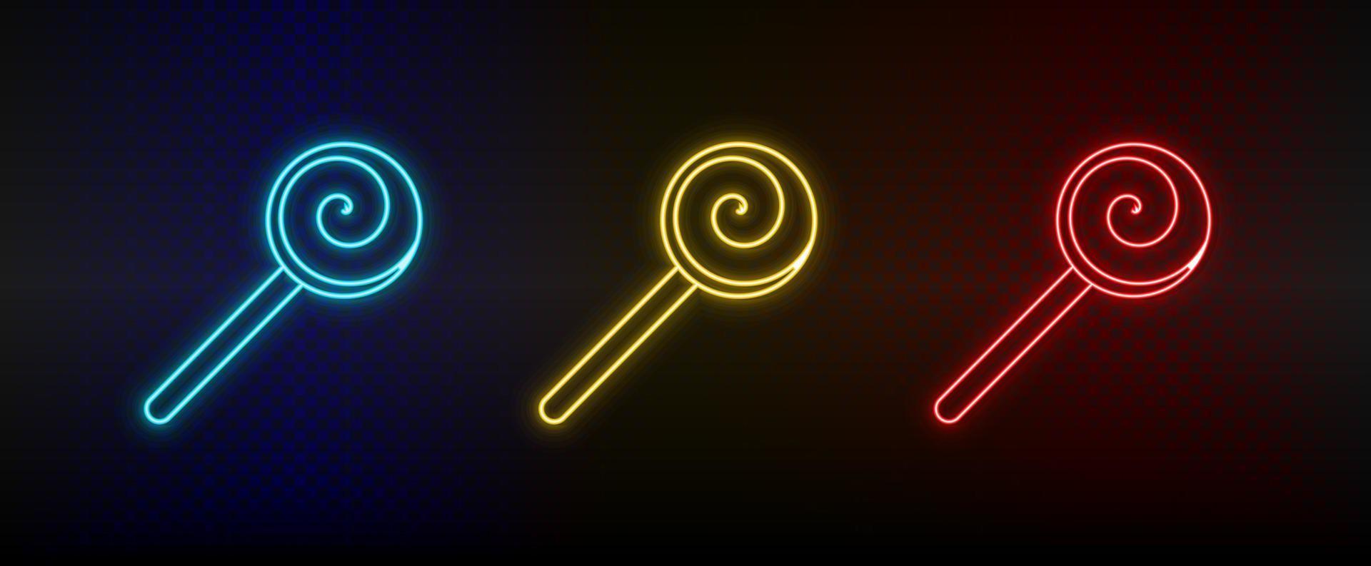Neon- Symbol einstellen Süssigkeit, Stock. einstellen von Rot, Blau, Gelb Neon- Vektor Symbol auf dunkel Hintergrund