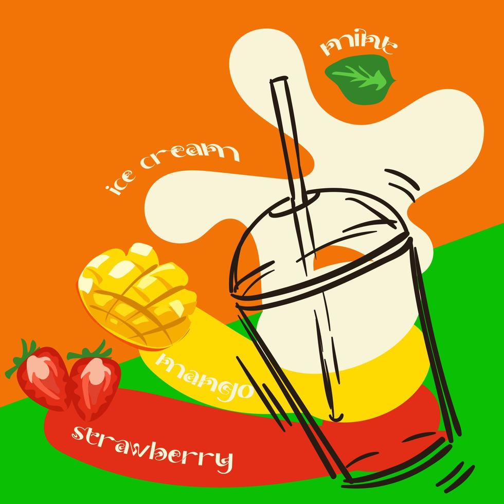en glas av jordgubb smoothie, mango, is grädde eller milkshake och färsk jordgubbar, sugrör. en glas med en randig smoothie recept för matlagning. de meny av de Kafé, restaurang. vektor illustration