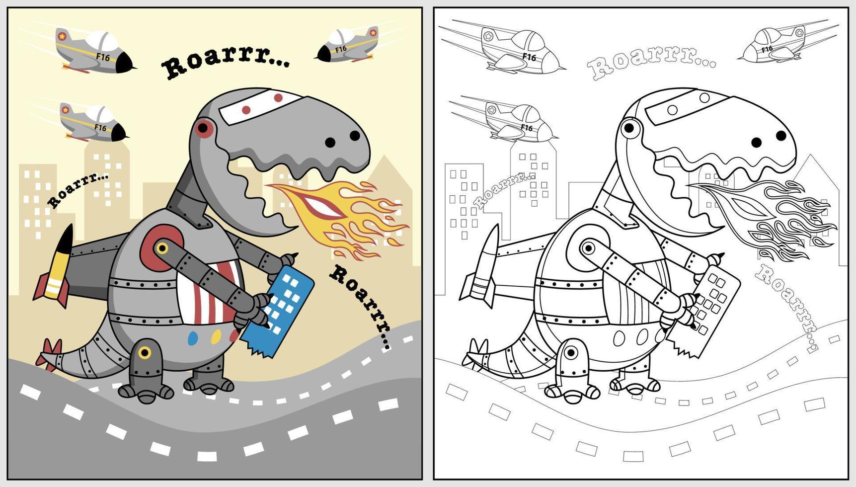 Dinosaurier Roboter Attacke Stadt mit Flugzeug, Vektor Karikatur Illustration, Färbung Buch oder Seite