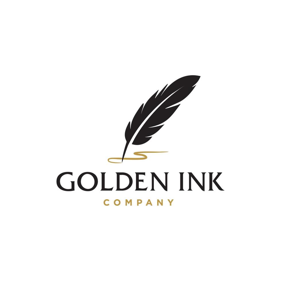 Autoren-Signatur-Logo, Federkiel mit goldenem Tintenlogo, Vintage-Füllfederhalter-Logo mit goldener Tintenikone, luxuriöse, elegante, klassische Schreibwarenillustration einzeln auf weißem Hintergrund vektor