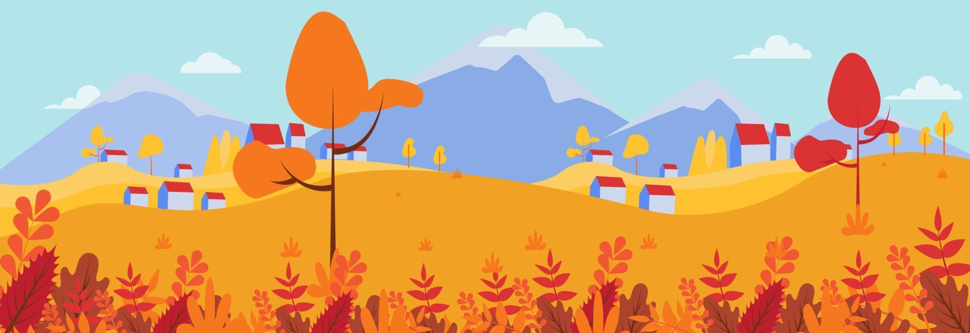 Panorama- von Landschaft Landschaft im Herbst, Vektor Illustration von horizontal Banner von Herbst Landschaft Berge und Bäume mit Gelb Laub