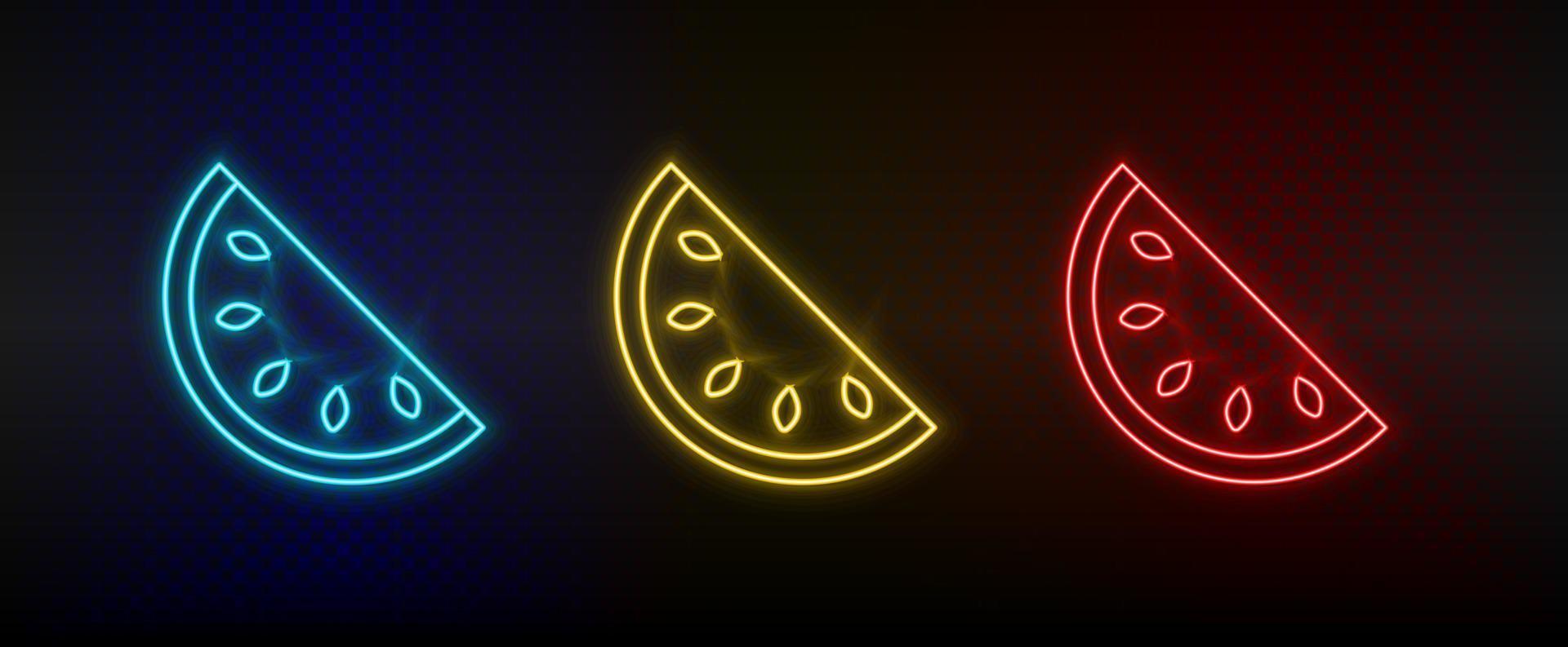 Neon- Symbol einstellen Wassermelone. einstellen von Rot, Blau, Gelb Neon- Vektor Symbol auf dunkel Hintergrund