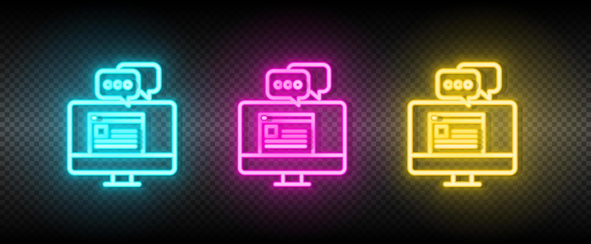 chatt, uppkopplad neon ikon uppsättning. media marknadsföring vektor illustration neon blå, gul, röd ikon uppsättning