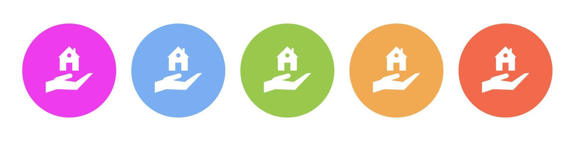 multi farbig eben Symbole auf runden Hintergründe. Hand, Haus, Versicherung, Schutz Mehrfarbig Kreis Vektor Symbol auf Weiß Hintergrund