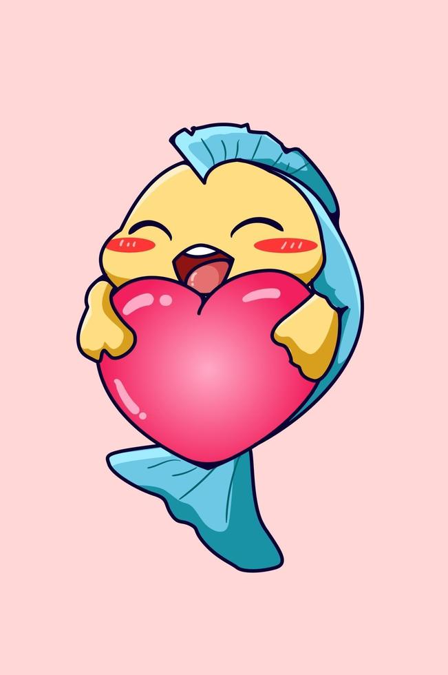 kawaii und lustiger Babyfisch, der die Karikaturillustration eines Valentinsgrußes eines großen Herzens umarmt vektor