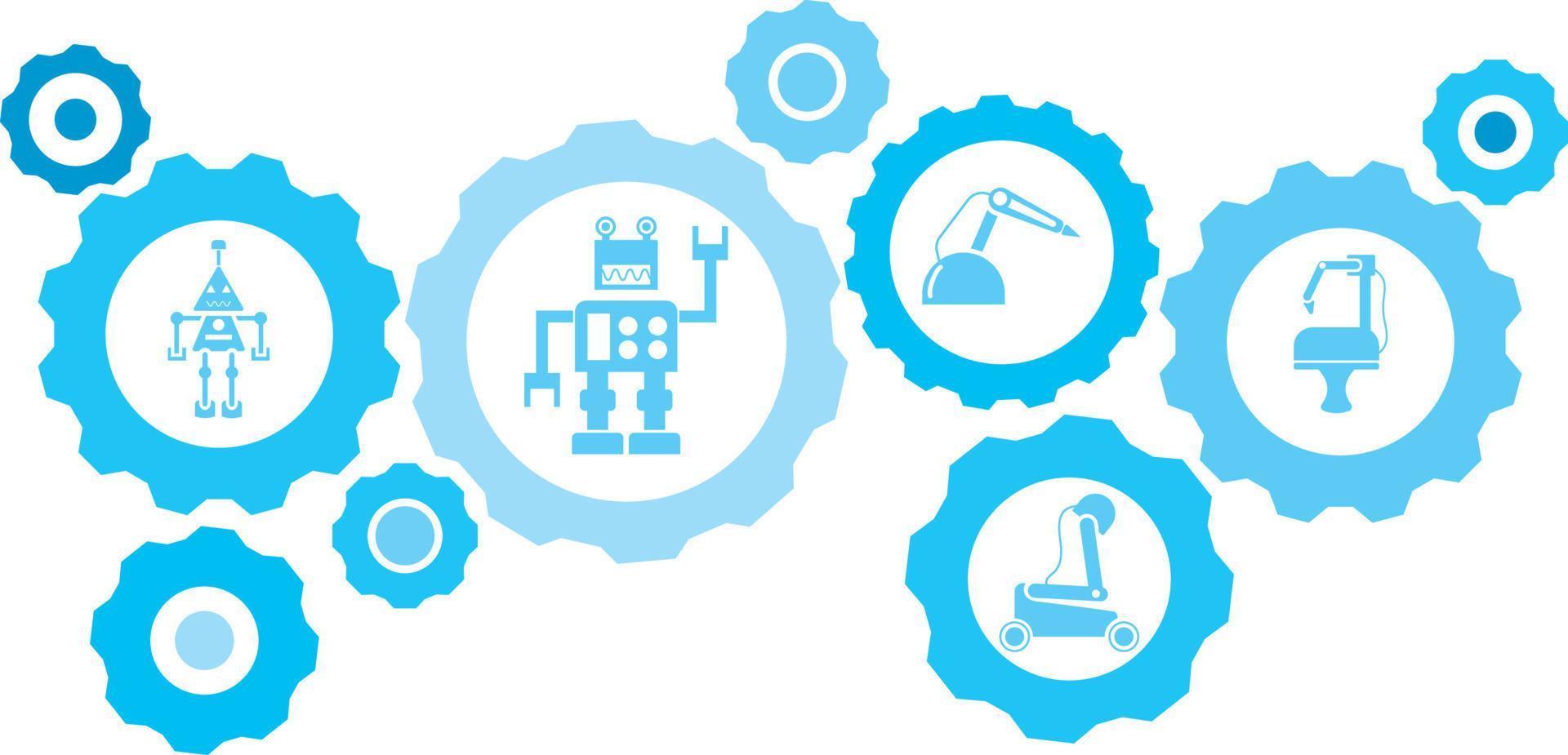 Roboter, Symbol, Technologie Blau Ausrüstung Satz. abstrakt Hintergrund mit in Verbindung gebracht Getriebe und Symbole zum Logistik, Service, Versand, Verteilung, Transport, Markt, kommunizieren Konzepte auf Weiß Hintergrund vektor