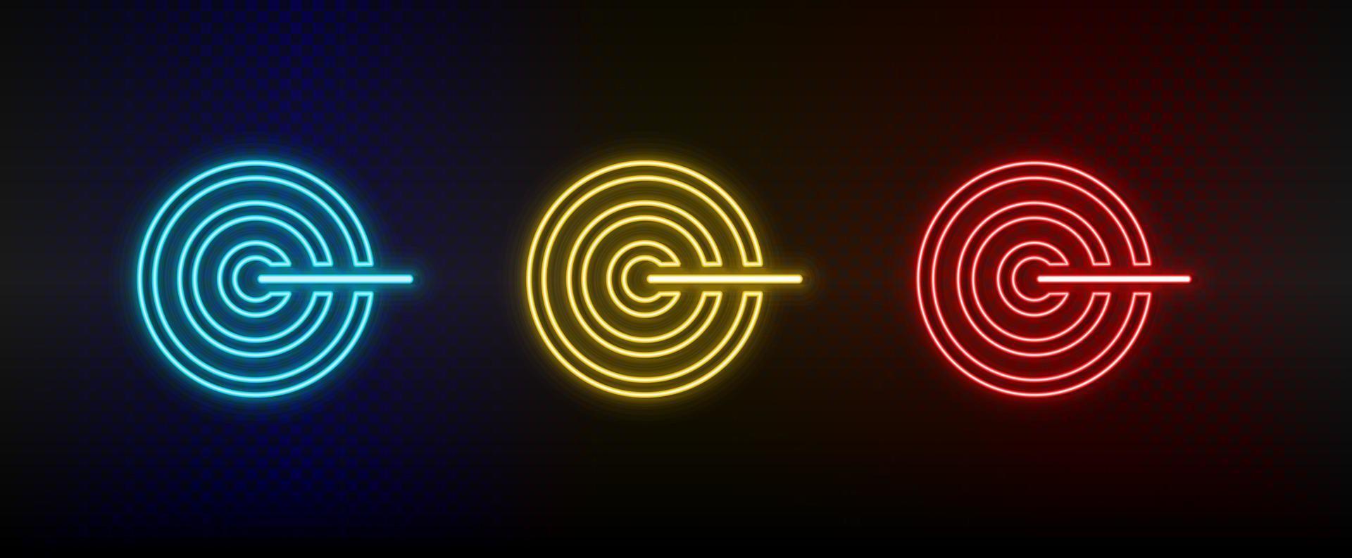 neon ikon uppsättning mål, bullseye. uppsättning av röd, blå, gul neon vektor ikon på mörk transparent bakgrund
