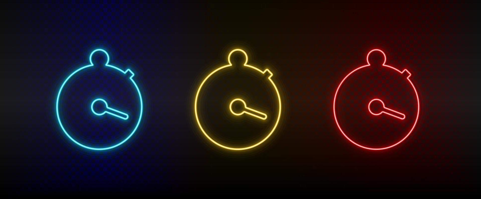 neon ikon uppsättning stoppur. uppsättning av röd, blå, gul neon vektor ikon på mörk transparent bakgrund
