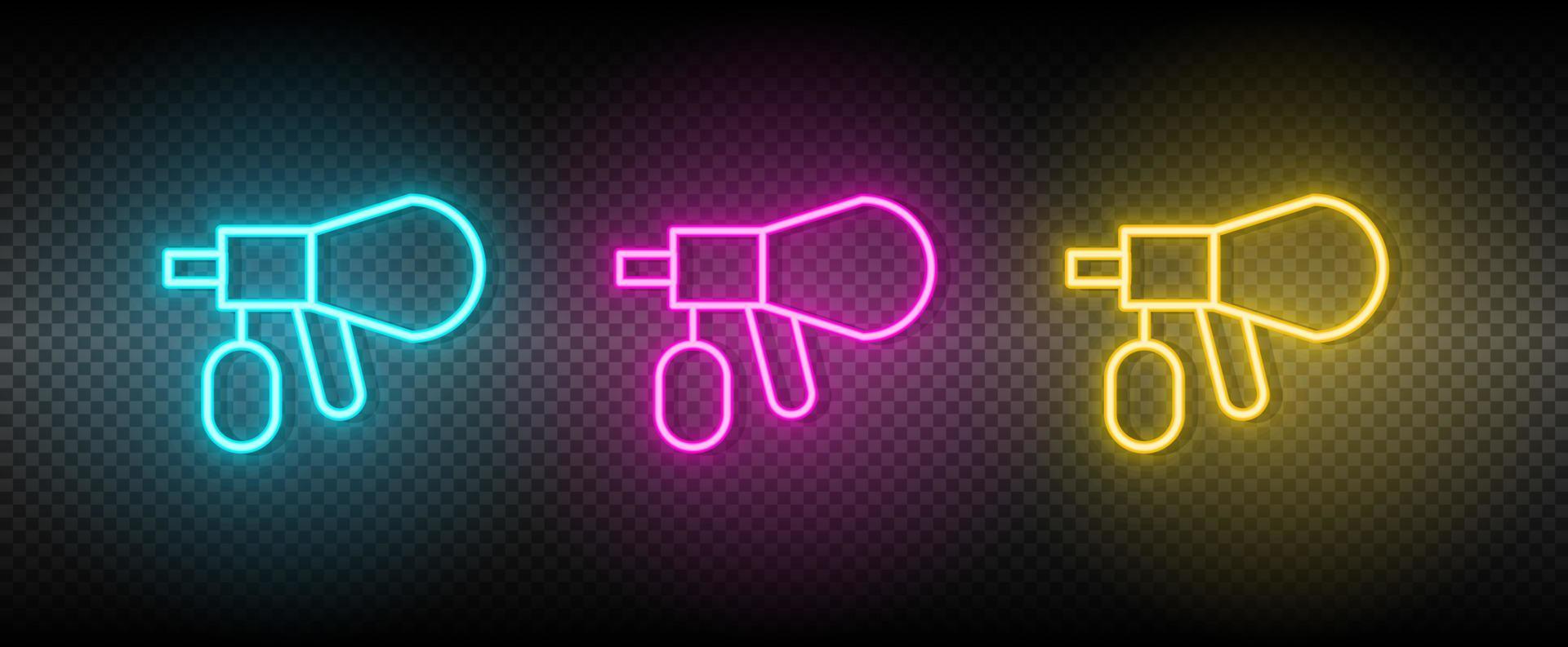 Airbrush, Reparatur Vektor Symbol Gelb, Rosa, Blau Neon- Satz. Werkzeuge Vektor Symbol auf dunkel Transparenz Hintergrund