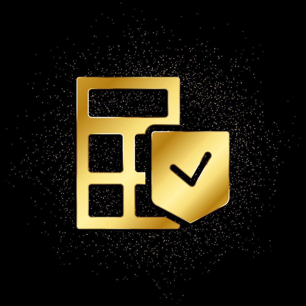 kalk, Taschenrechner, Versicherung Gold, Symbol. Vektor Illustration von golden Partikel Hintergrund . Vektor Gold Hintergrund