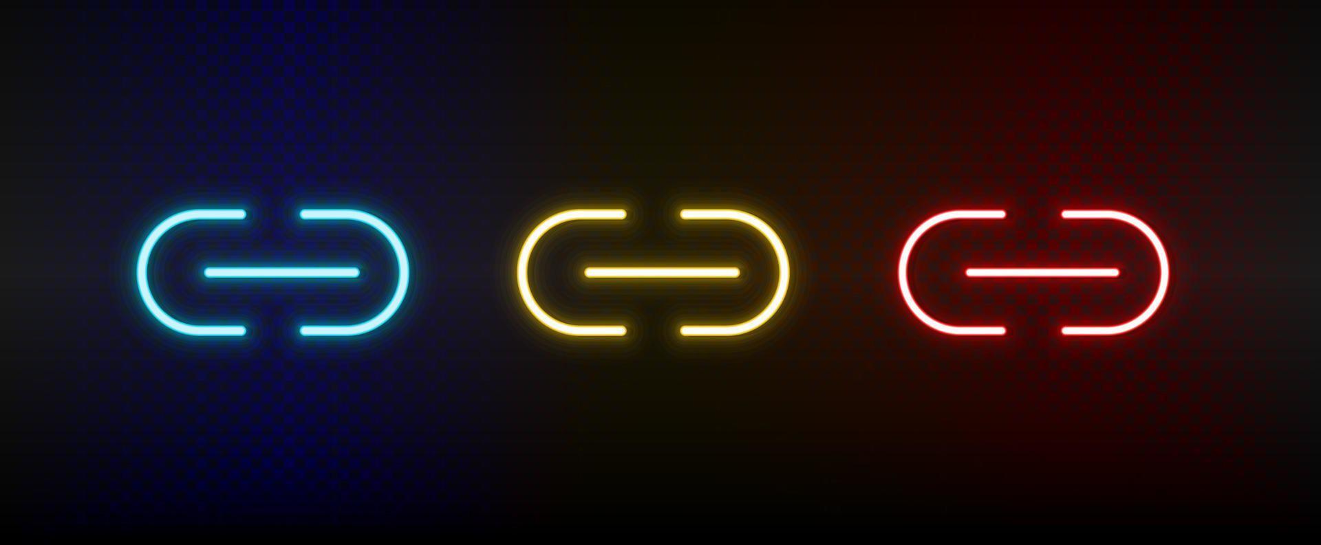 Verknüpfung, URL Neon- Symbol Satz. einstellen von Rot, Blau, Gelb Neon- Vektor Symbol auf dunkel transparent Hintergrund