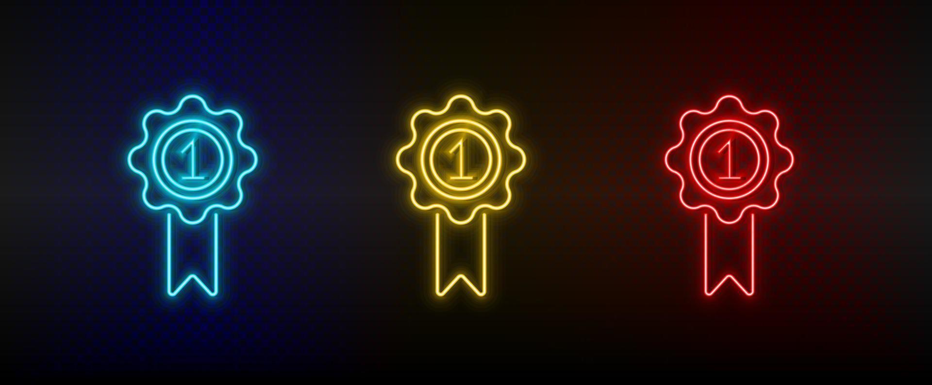 neon ikon uppsättning tilldela, pris, medalj. uppsättning av röd, blå, gul neon vektor ikon på mörk transparent bakgrund