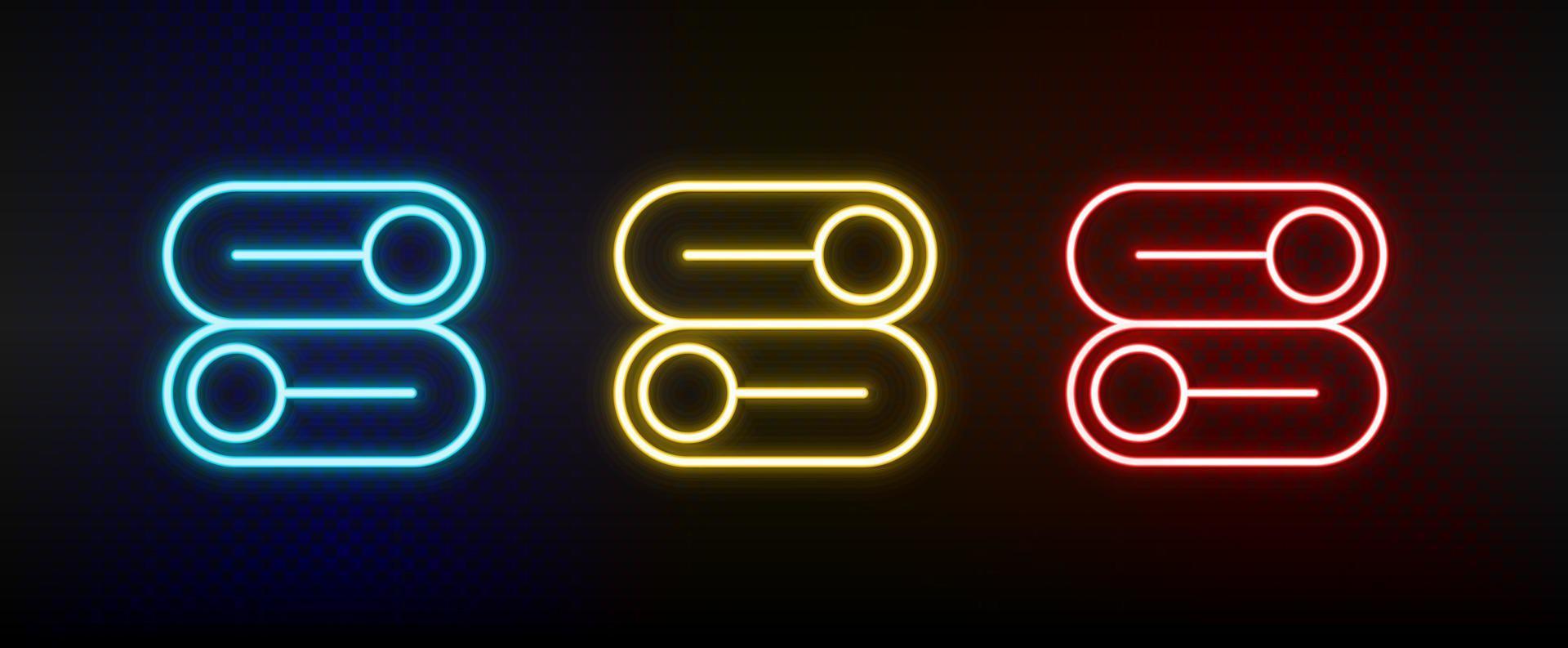växla, växlare, alternativ neon ikon uppsättning. uppsättning av röd, blå, gul neon vektor ikon på mörk transparent bakgrund