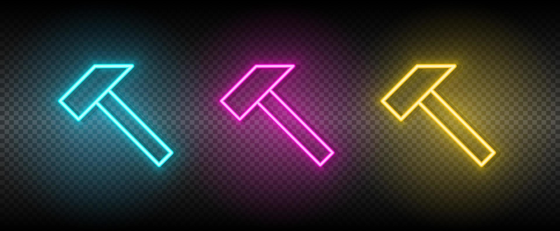 Hammer, Tischlerei, Abzieher Vektor Symbol Gelb, Rosa, Blau Neon- Satz. Werkzeuge Vektor Symbol auf dunkel Transparenz Hintergrund