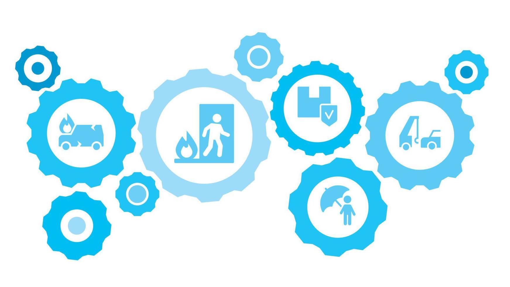 ansluten kugghjul och ikoner för logistik, service, frakt, distribution, transport, marknadsföra, kommunicera begrepp. bil, evakuering, försäkring, bogsering redskap blå ikon uppsättning på vit bakgrund vektor