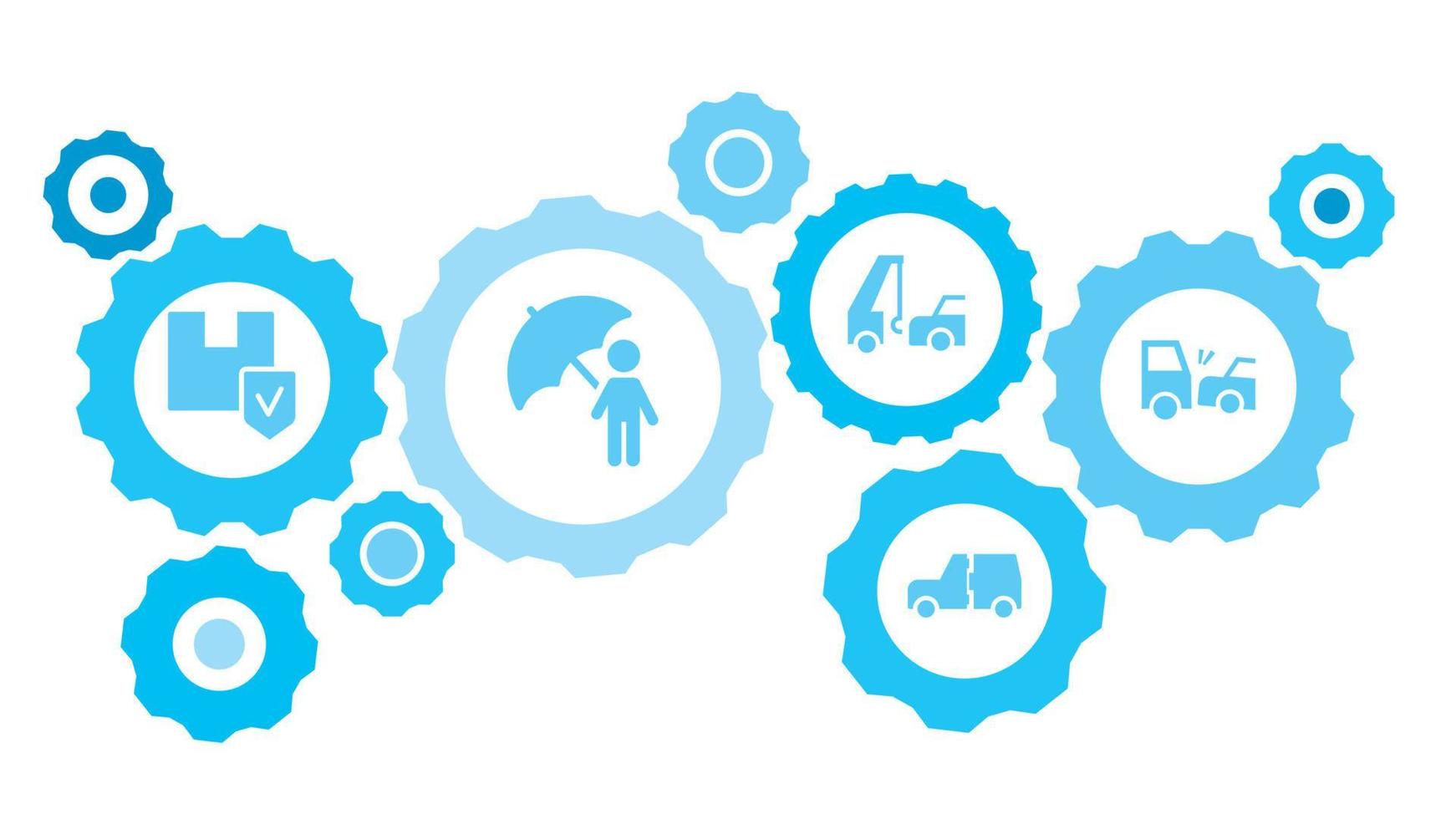 in Verbindung gebracht Getriebe und Symbole zum Logistik, Service, Versand, Verteilung, Transport, Markt, kommunizieren Konzepte. Unfall, Auto, Kollision, Versicherung Ausrüstung Blau Symbol einstellen auf Weiß Hintergrund vektor