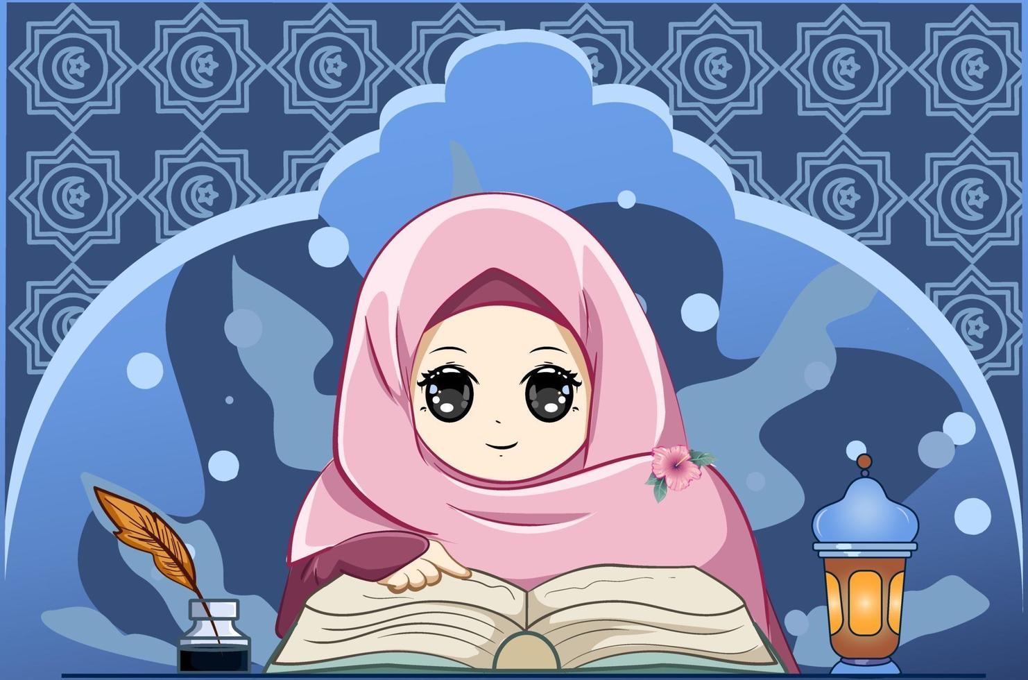 kleines muslimisches Mädchen, das ein Buch an der Karikaturillustration des Ramadan Kareem liest vektor