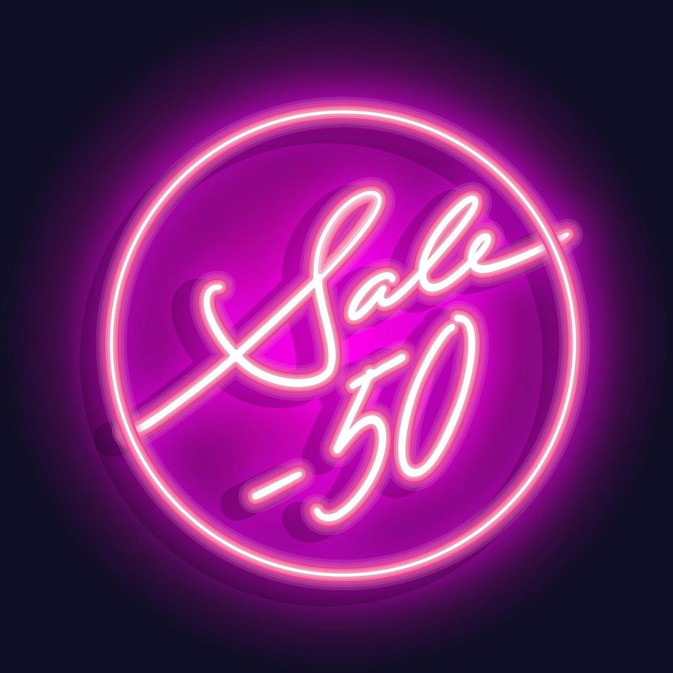 Neon- 50 Verkauf Text Banner. Nacht unterzeichnen. Vektor Illustration.