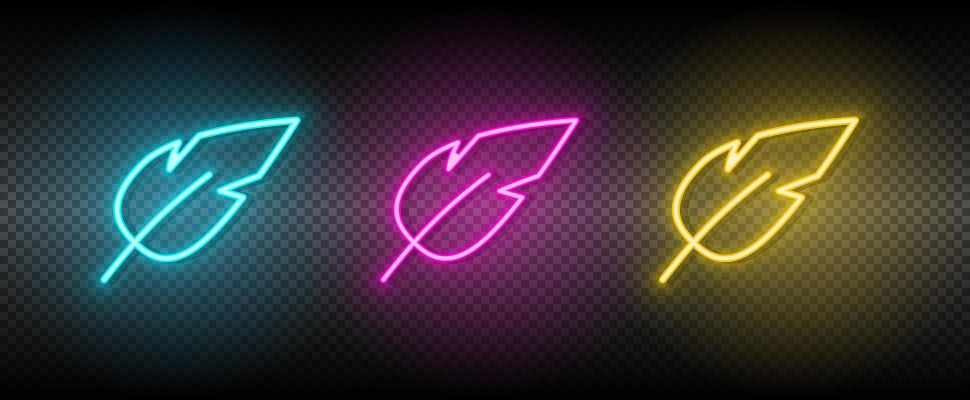Feder Vektor Symbol Gelb, Rosa, Blau Neon- Satz. Werkzeuge Vektor Symbol auf dunkel Transparenz Hintergrund