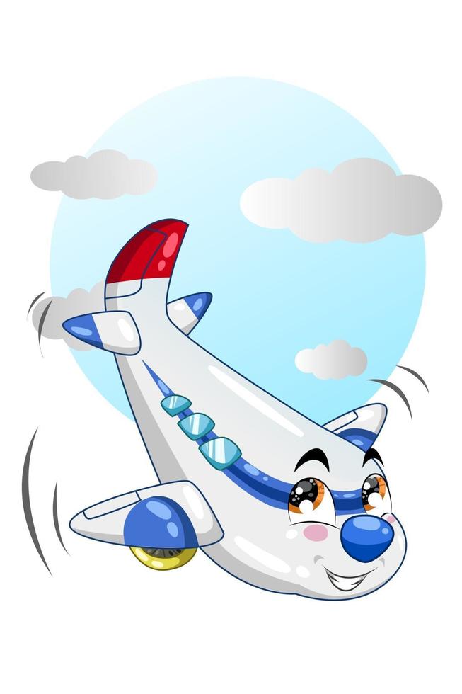 Illustration der weißen blauen Flugzeugkarikatur im blauen Himmel vektor